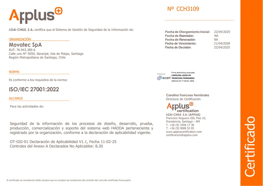 Certificado ISO/IEC 27001:2022 de Movatec SpA (Applus, N° CCH3109)