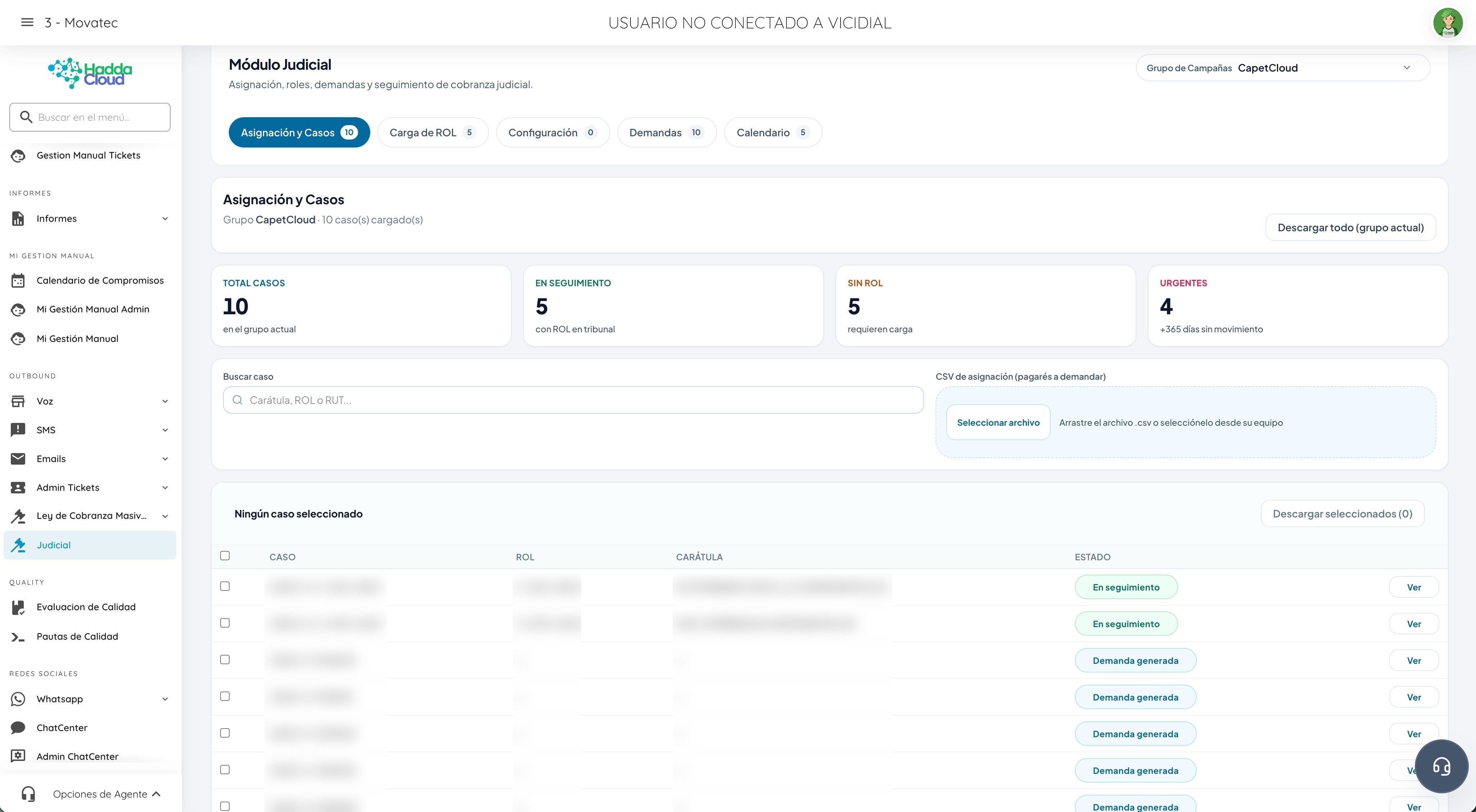 Dashboard del Módulo Judicial — asignación y casos con indicadores
