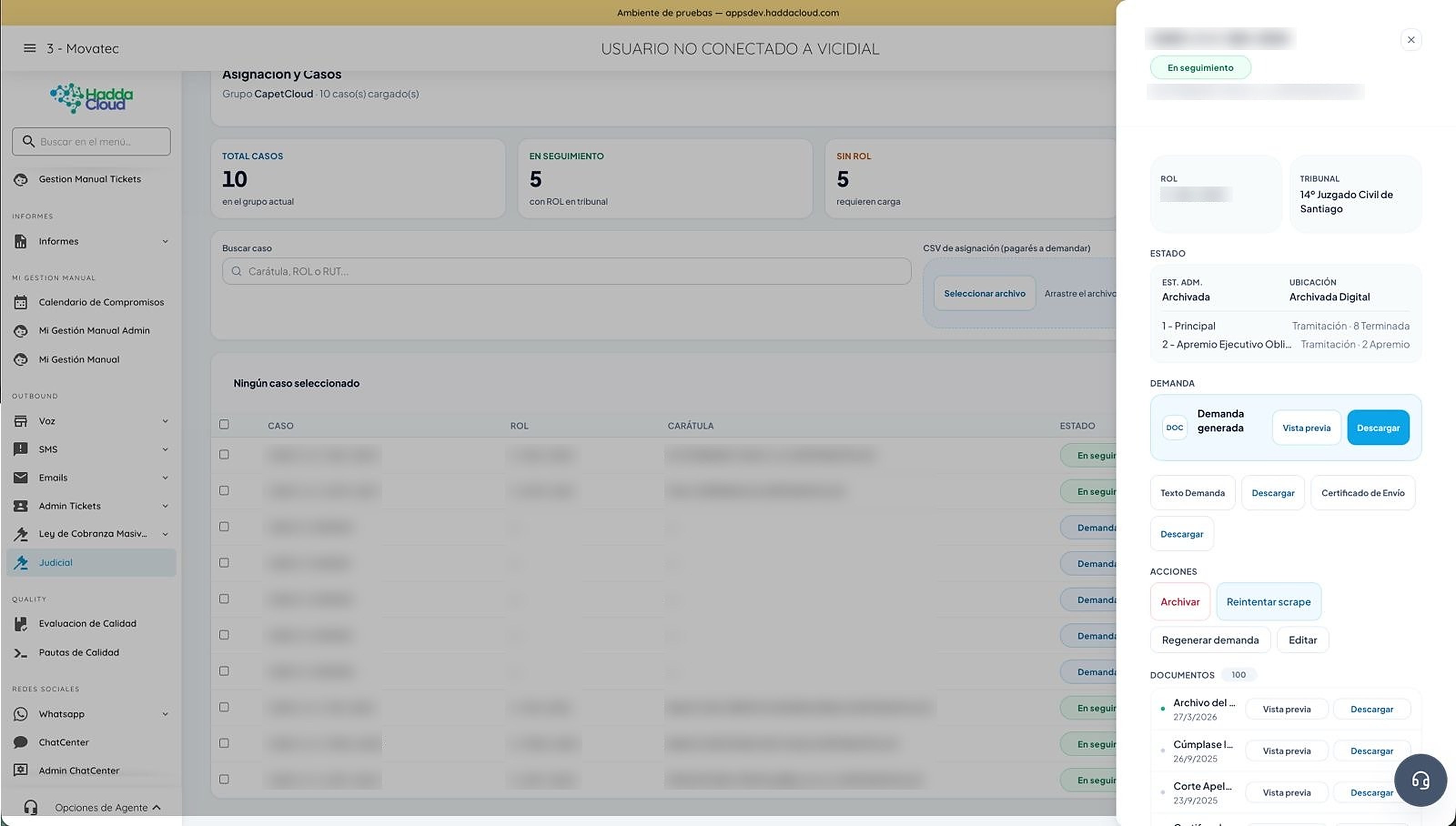 Detalle de caso judicial con documentos y visor de expediente