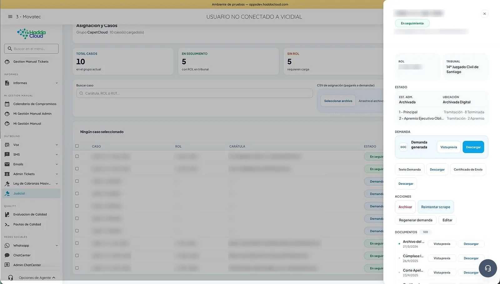 Detalle de caso judicial con documentos y visor de expediente