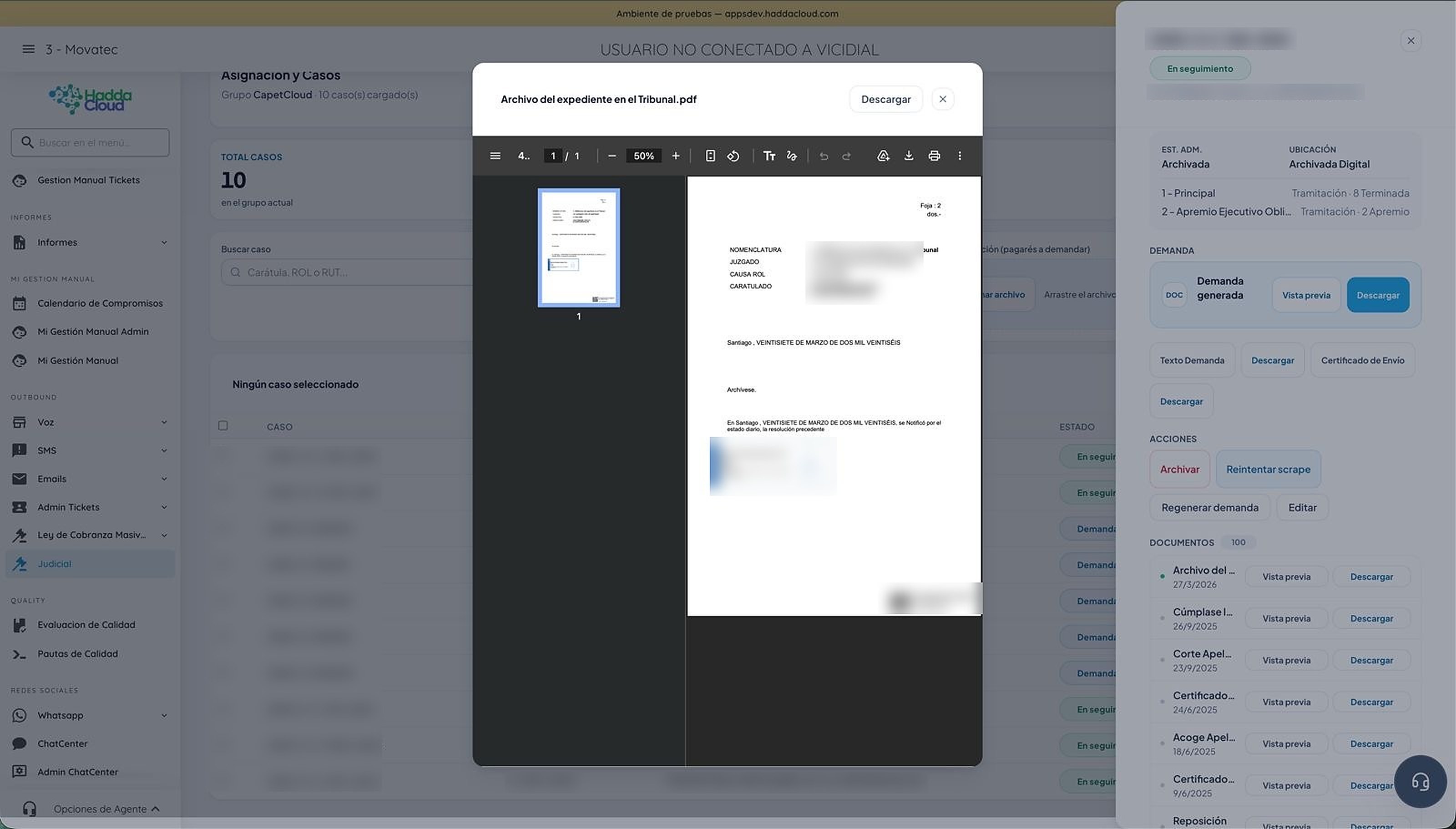 Visor de documentos del expediente judicial en el navegador