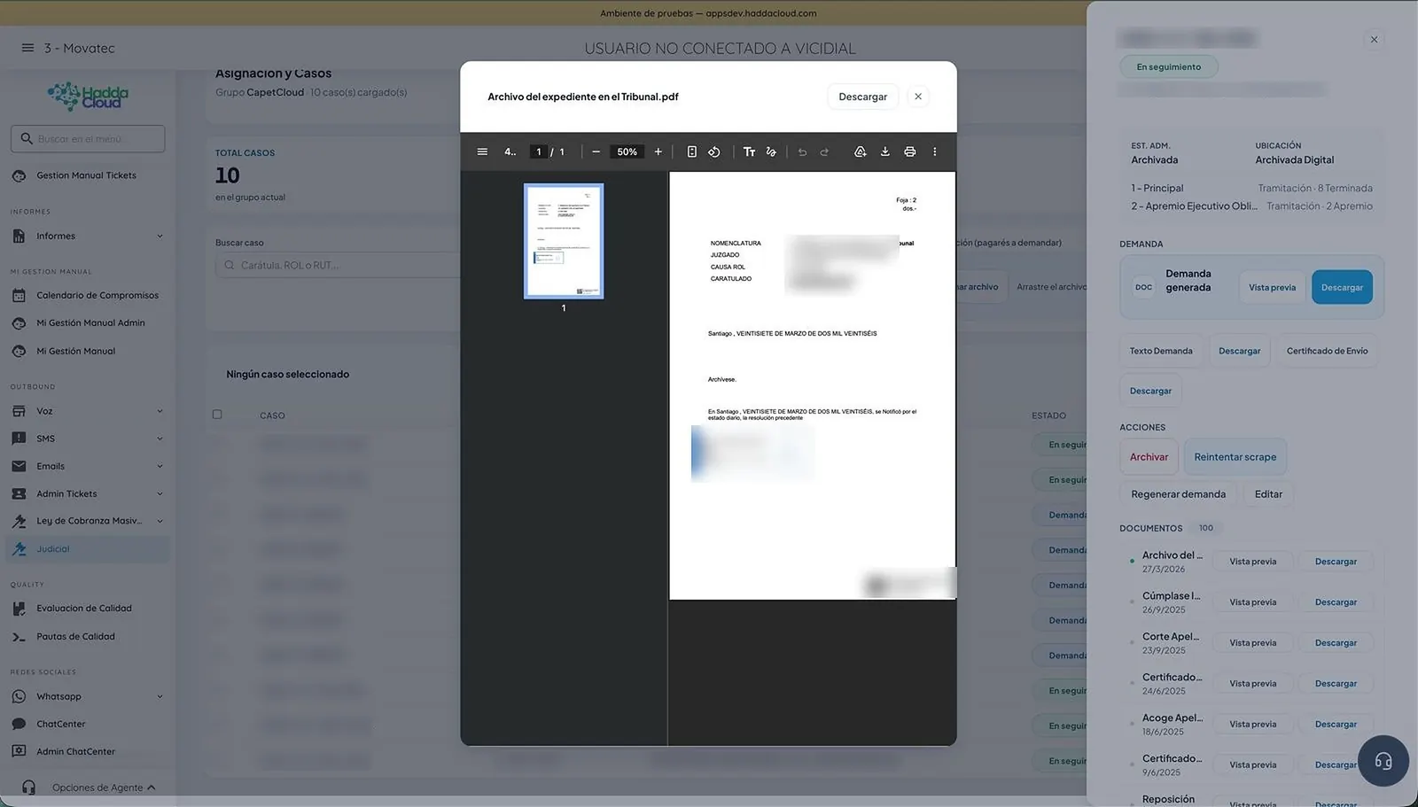 Visor de documentos del expediente judicial en el navegador